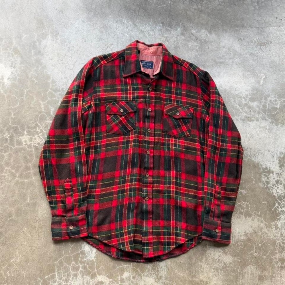 Vintage 70's Sears Western plaid acrylic flannel button up shirt  Size tagged L